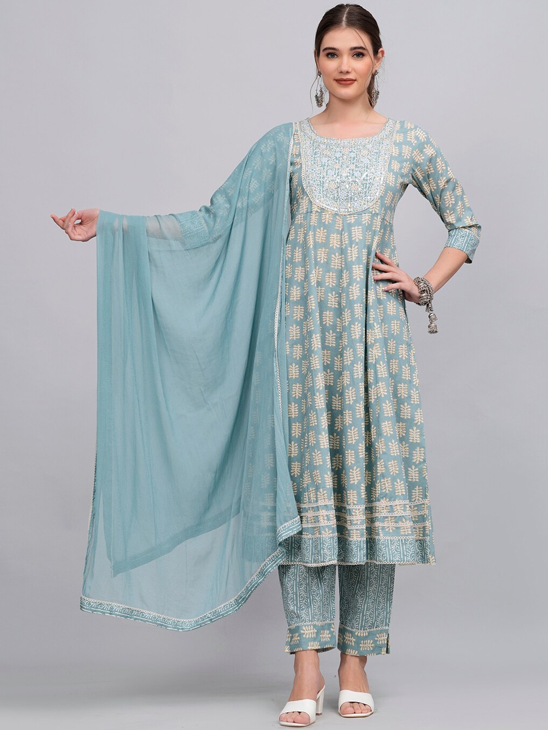 

HIGHLIGHT FASHION EXPORT Ethnic Motifs Printed Mirror Work Pure Cotton Anarkali Kurta Set, Blue