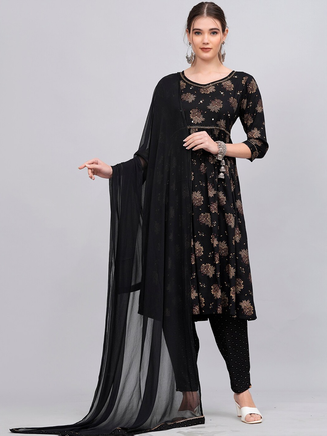 

HIGHLIGHT FASHION EXPORT Floral Printed Mirror Work Pleated A-Line Kurta Set, Black