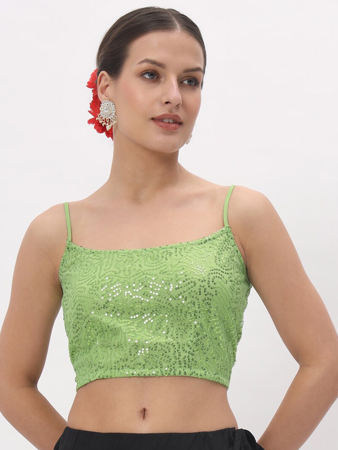 

studio rasa Sequinned Embellished Net Spaghetti Saree Blouse, Green