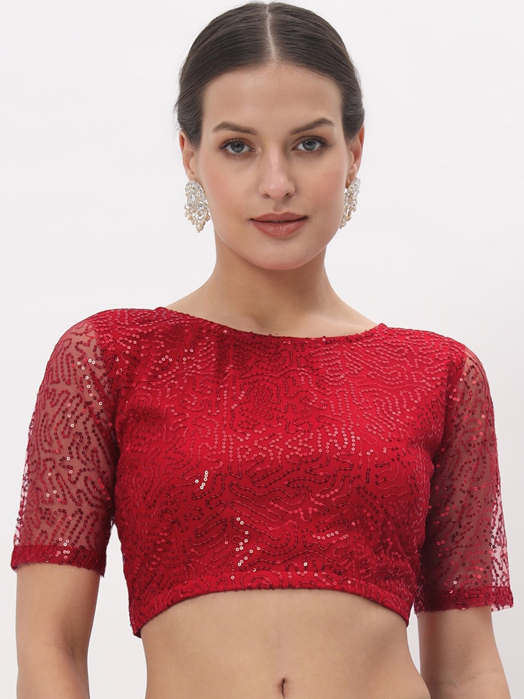 

studio rasa Sequinned Embellished Net Saree Blouse, Red