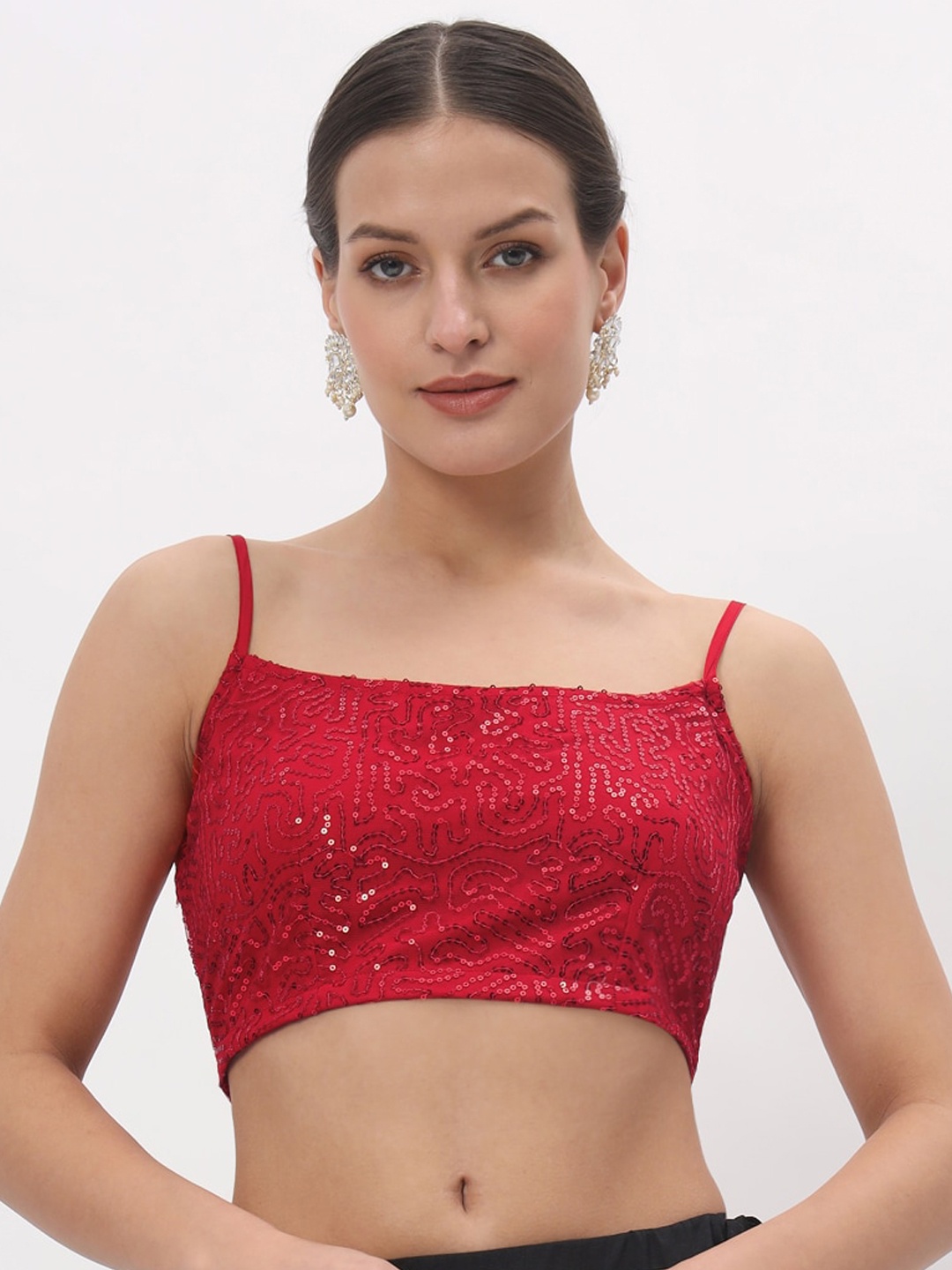 

studio rasa Embroidered Net Spaghetti Saree Blouse, Red