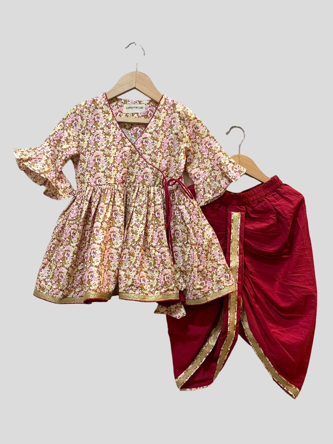 

BAESD Floral Printed Pure Cotton Angrakha Kurta With Dhoti Set, Beige