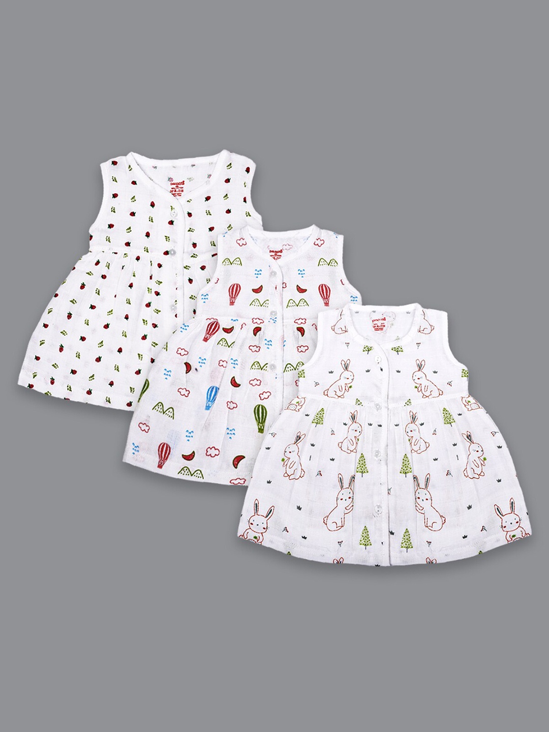 

Born Babies Infants Girls Pack Of 3 Conversational Printed Organic Cotton A-Line Dress, White