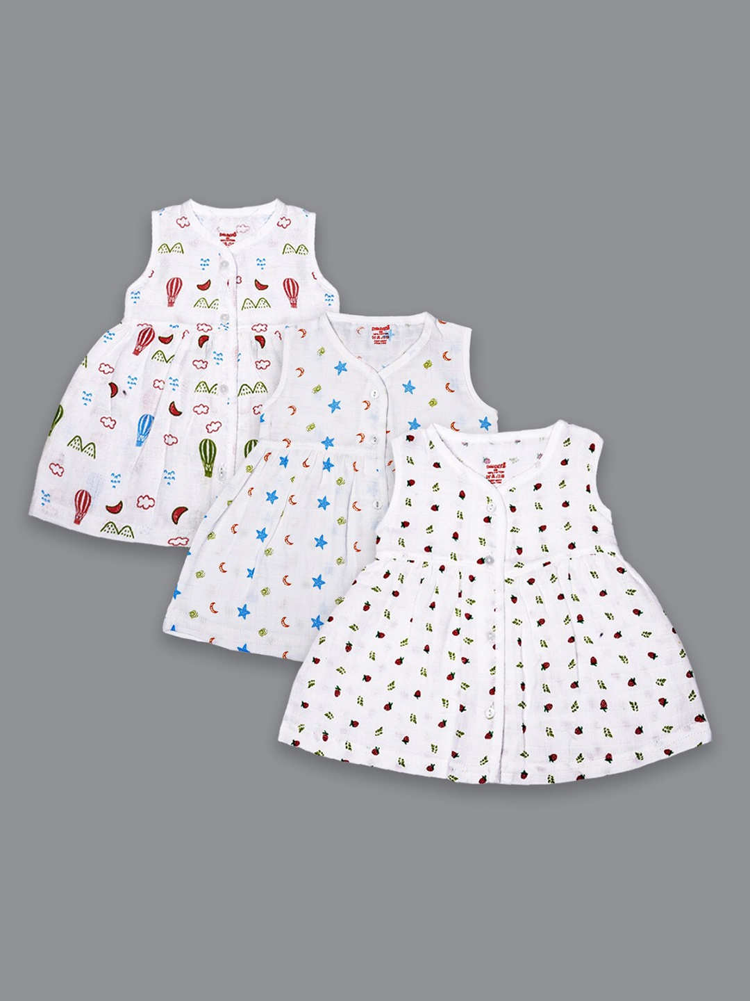 

Born Babies Infants Girls Pack Of 3 Conversational Printed Organic Cotton A-Line Dress, White