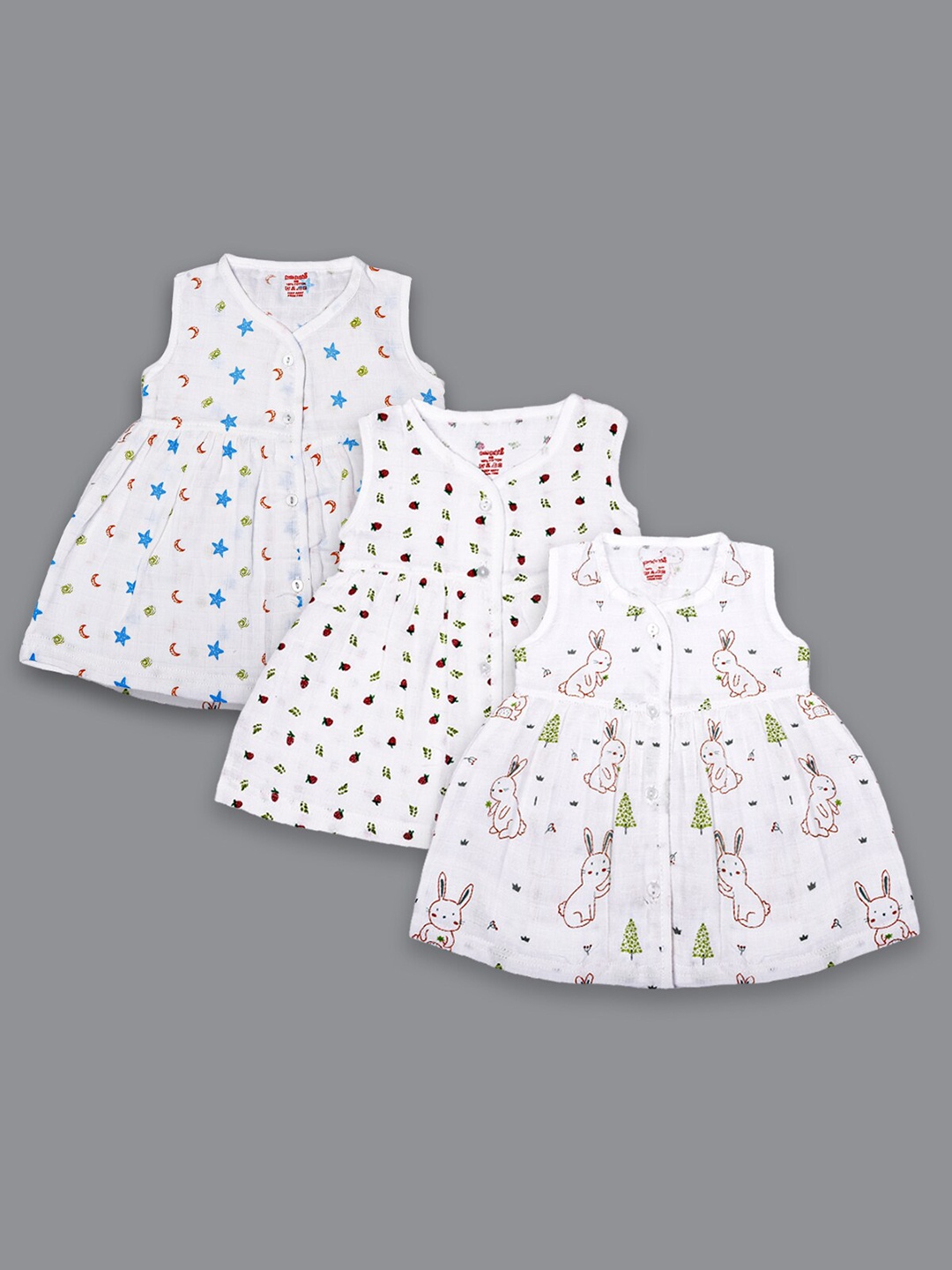 

Born Babies Infants Girls Pack Of 3 Conversational Printed Organic Cotton A-Line Dress, White