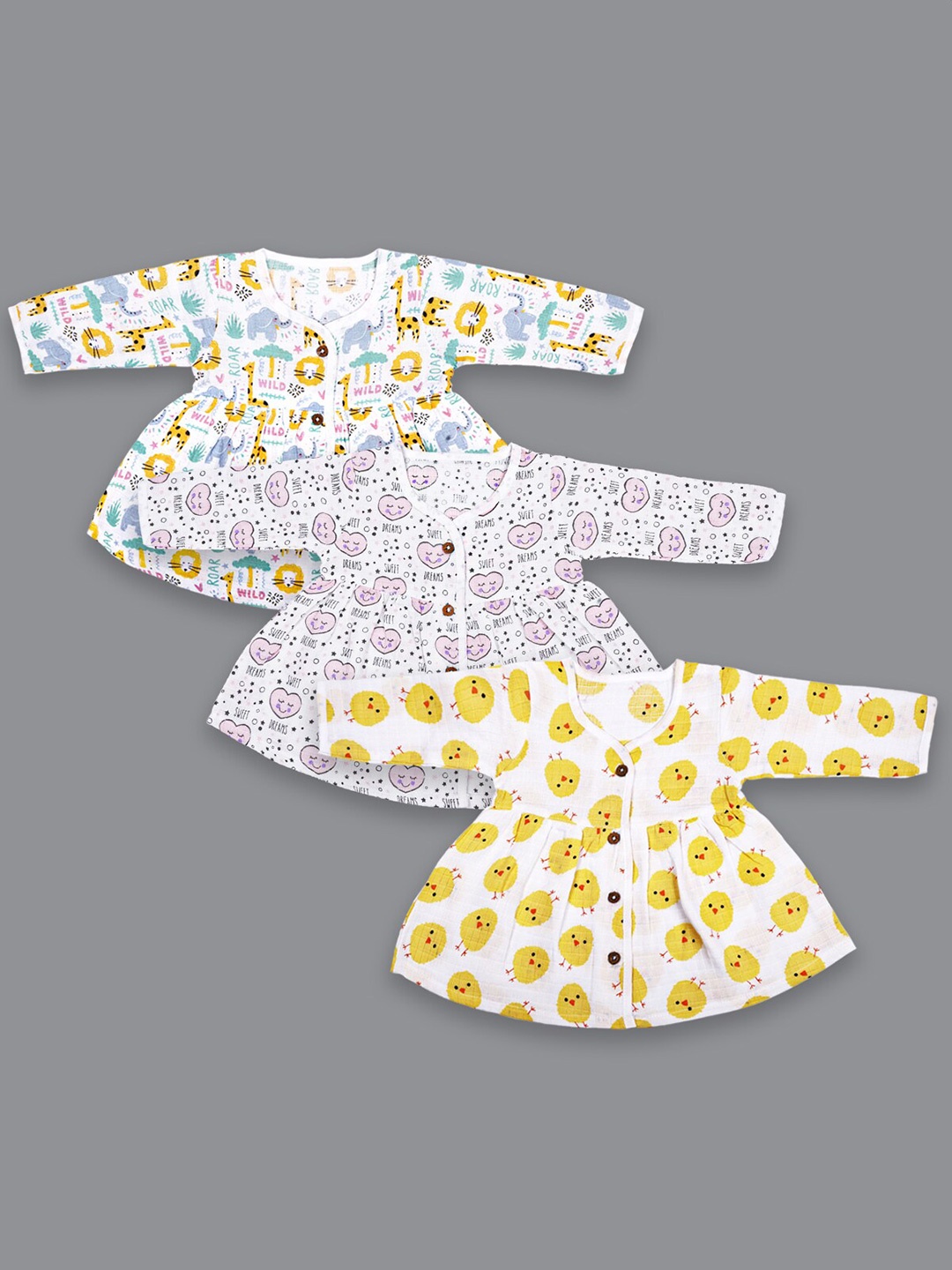 

Born Babies Infants Girls Pack Of 3 Conversational Printed Organic Cotton A-Line Dresses, White