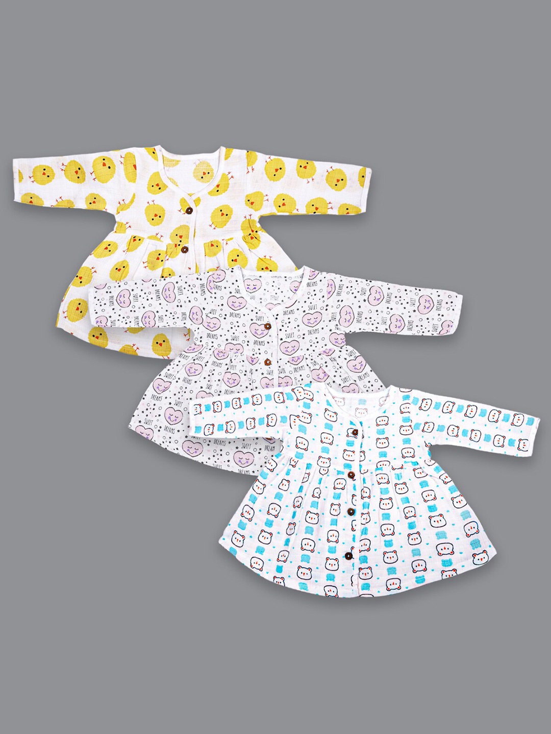 

Born Babies Infants Girls Pack Of 3 Conversational Printed Organic Cotton A-Line Dresses, White