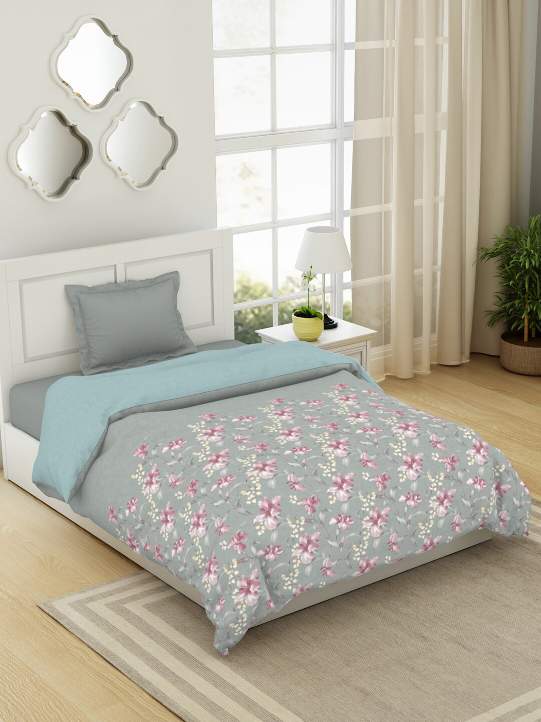 

SPACES Bohemia Grey & Pink Floral Printed AC Room Cotton Single Bed Quilt