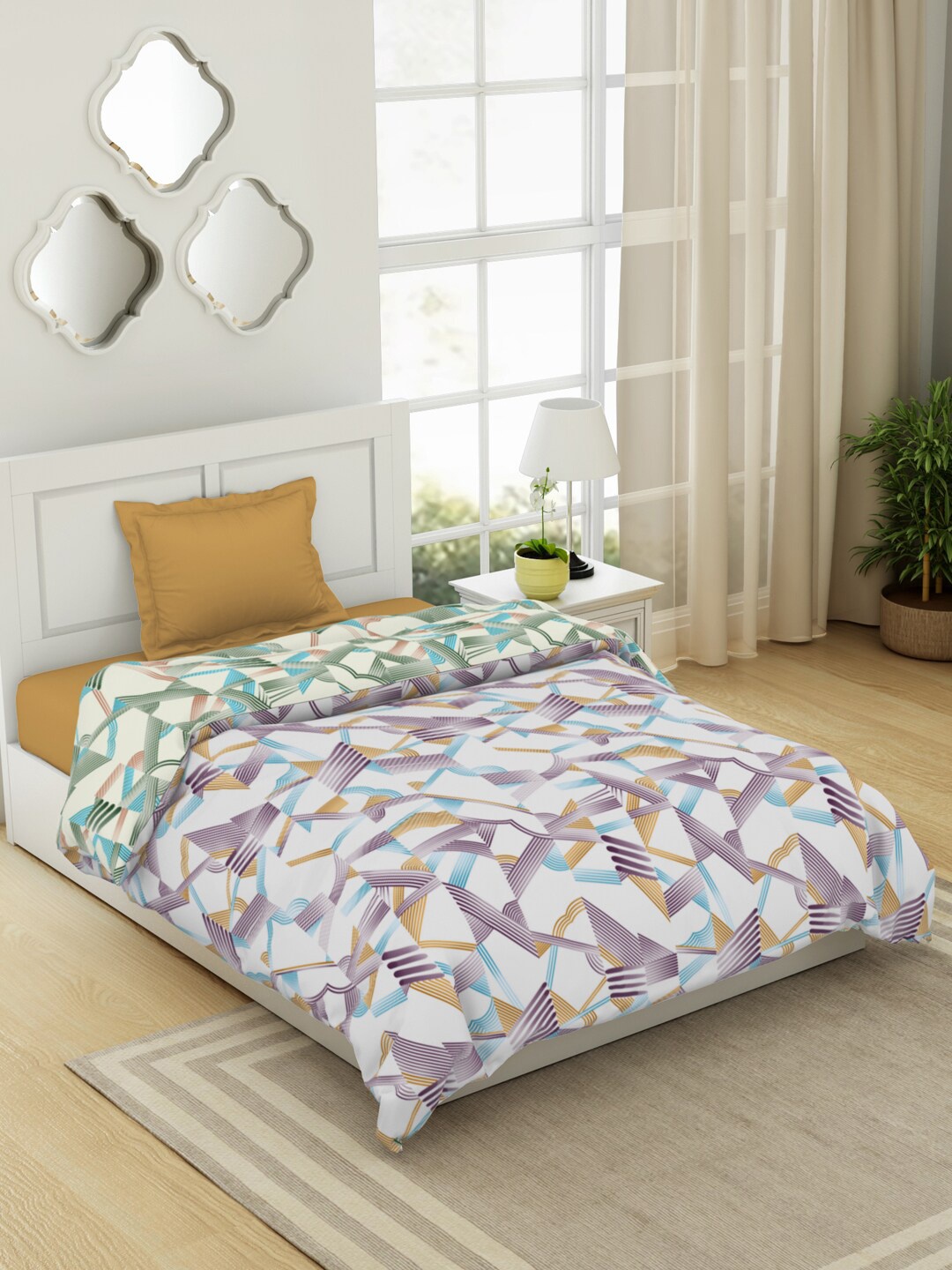 

SPACES White & Blue Geometric Printed 100% Cotton AC Room Single Bed Quilt