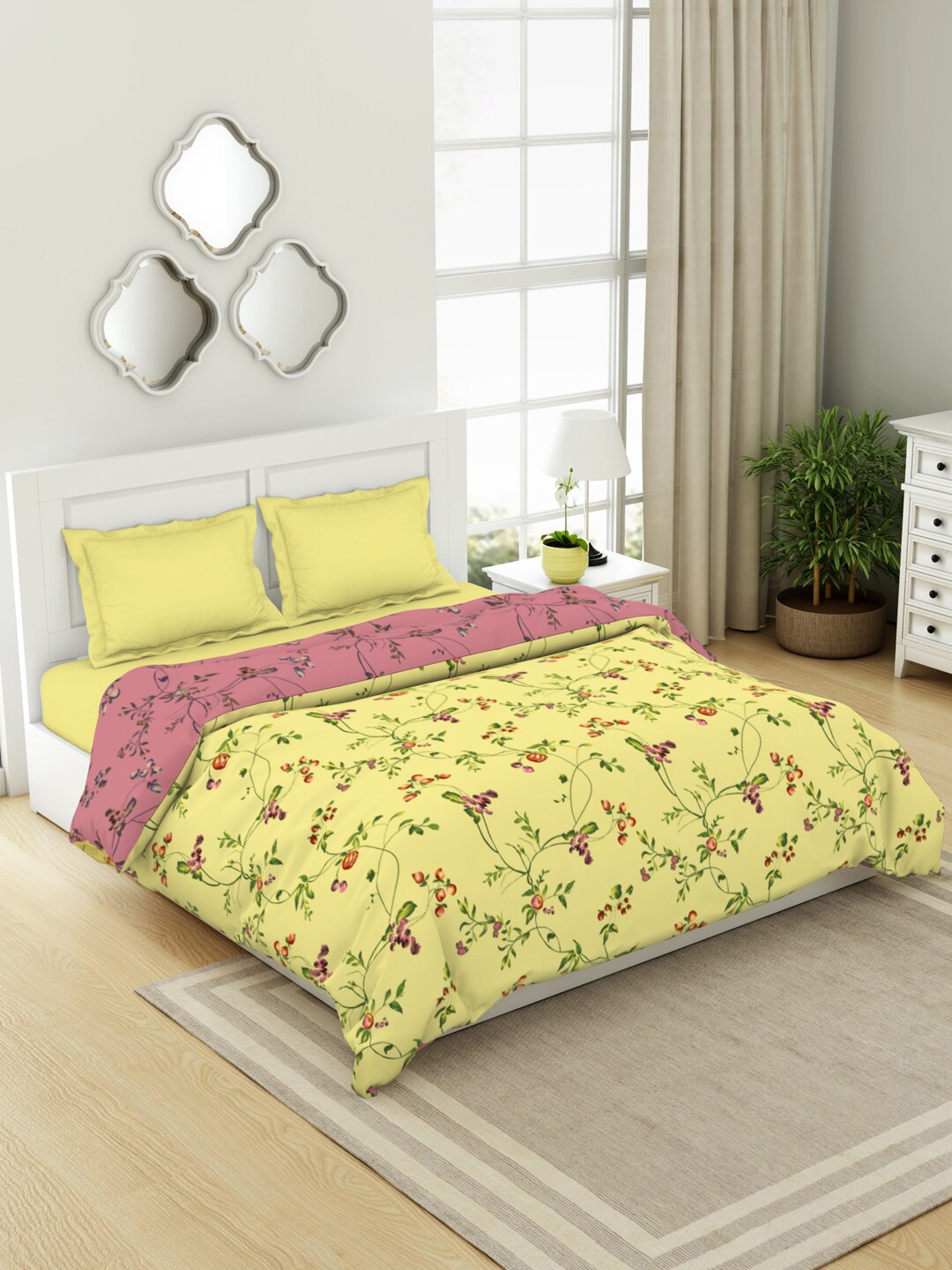 

SPACES Lattice Yellow & Pink Floral Pure Cotton AC Room Double Bed Reversible Quilt