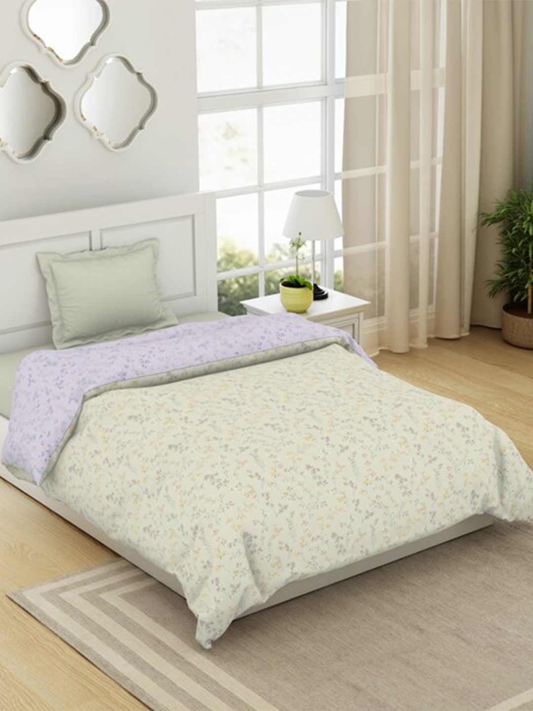 

SPACES Beige & Blue Printed Pure Cotton AC Room Single Bed Quilt