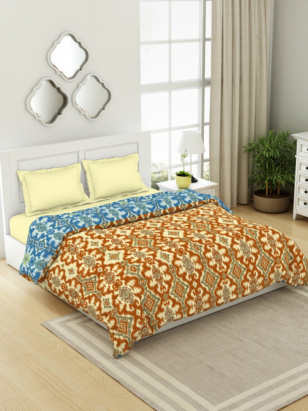 

SPACES Yellow & Blue Ethnic Motifs Cotton AC Room Double Bed Quilt