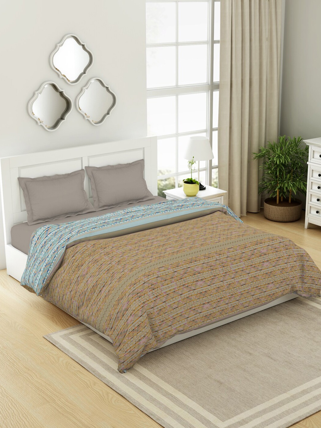 

SPACES Gypsy Beige & Blue Geometric Pure Cotton AC Room Double Bed Quilt