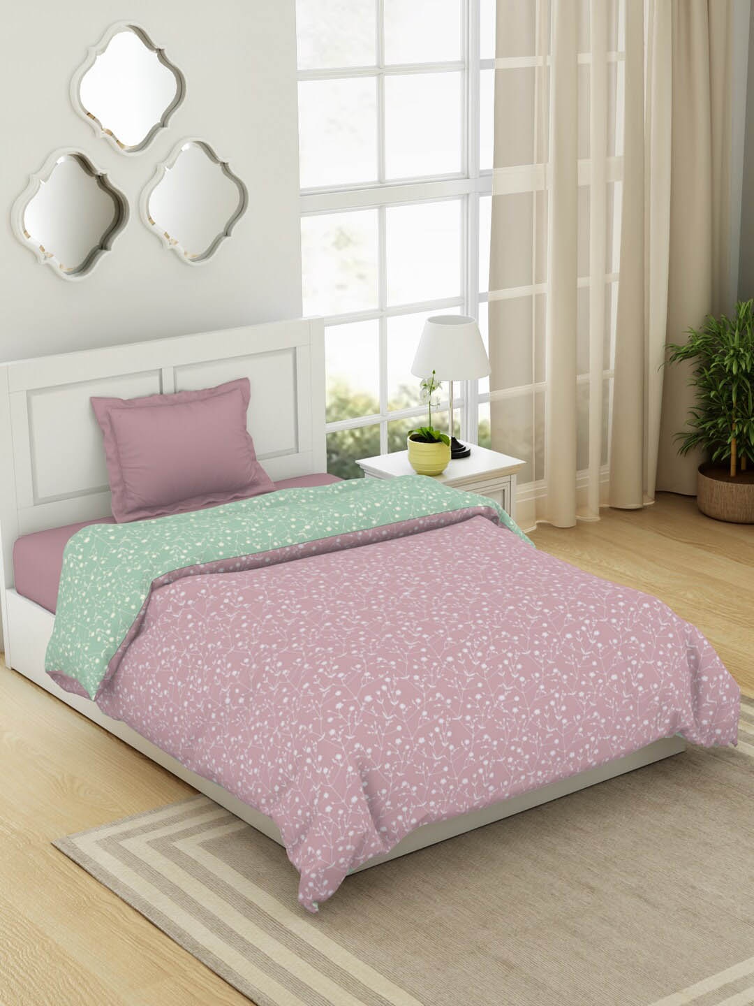 

SPACES Bohemia Mauve & Green Floral Pure Cotton AC Room Single Bed Quilt