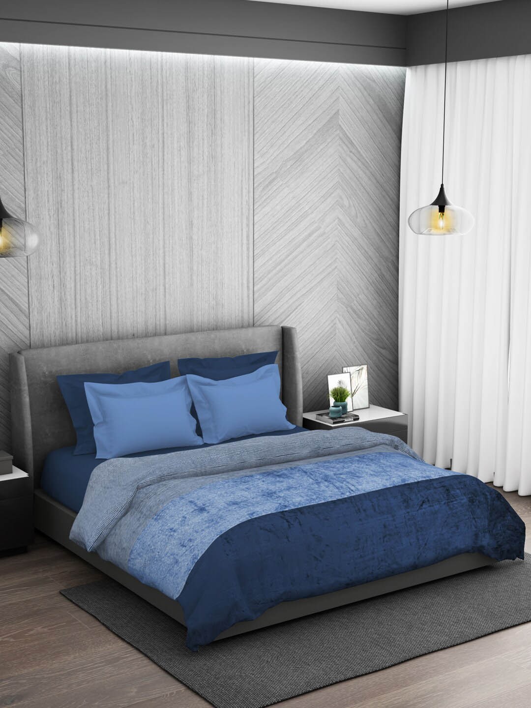 

SPACES Eden Blue & Grey Striped Mink AC Room 300 GSM Double Bed Blanket