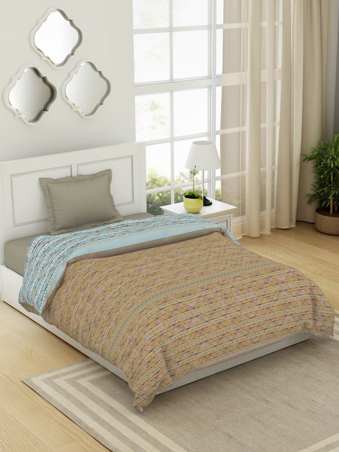 

SPACES Beige & Blue Geometric Cotton AC Room Single Bed Quilt