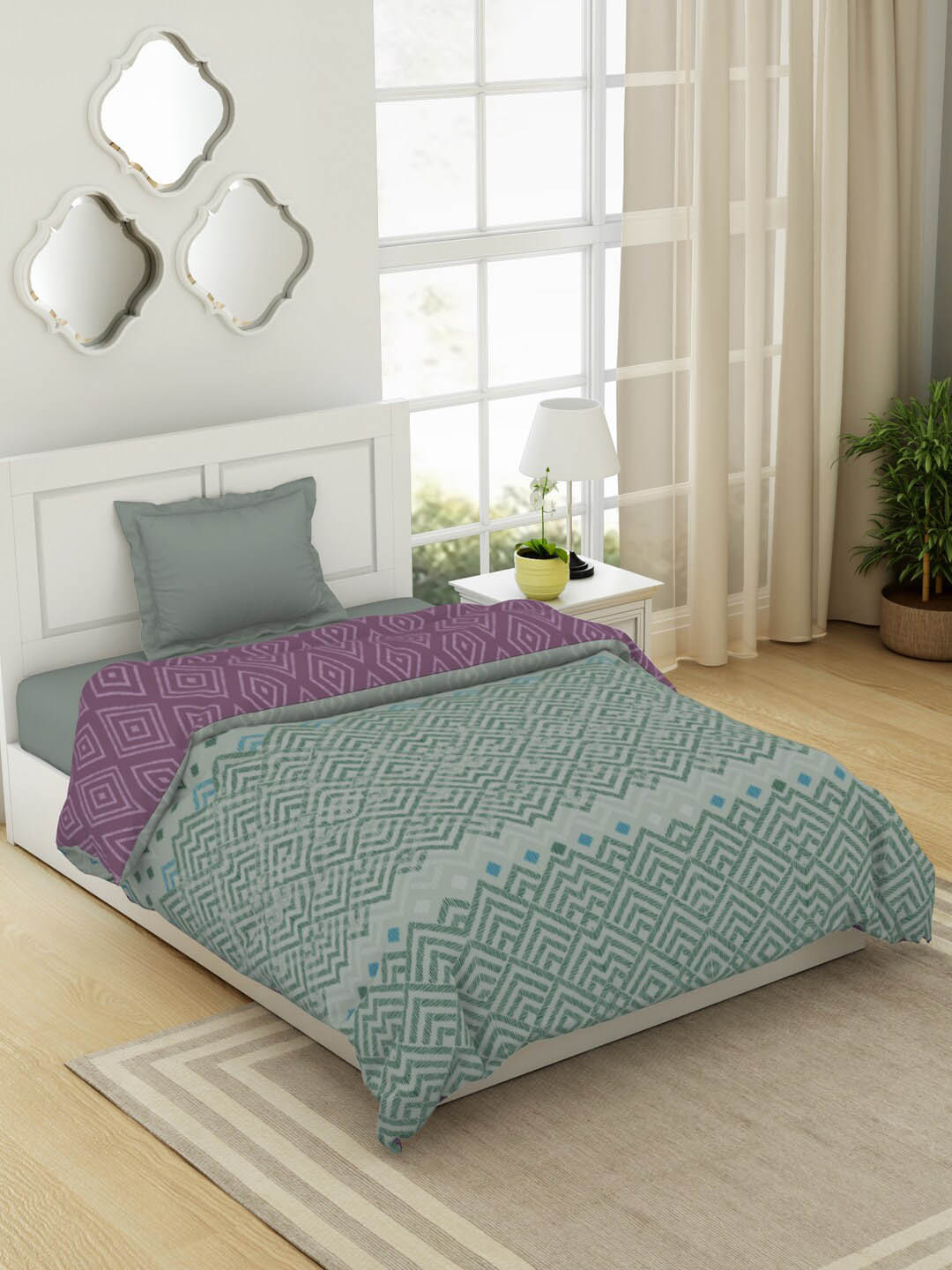 

SPACES Geospace Grey & Violet Geometric Pure Cotton AC Room Single Bed Reversible Quilt