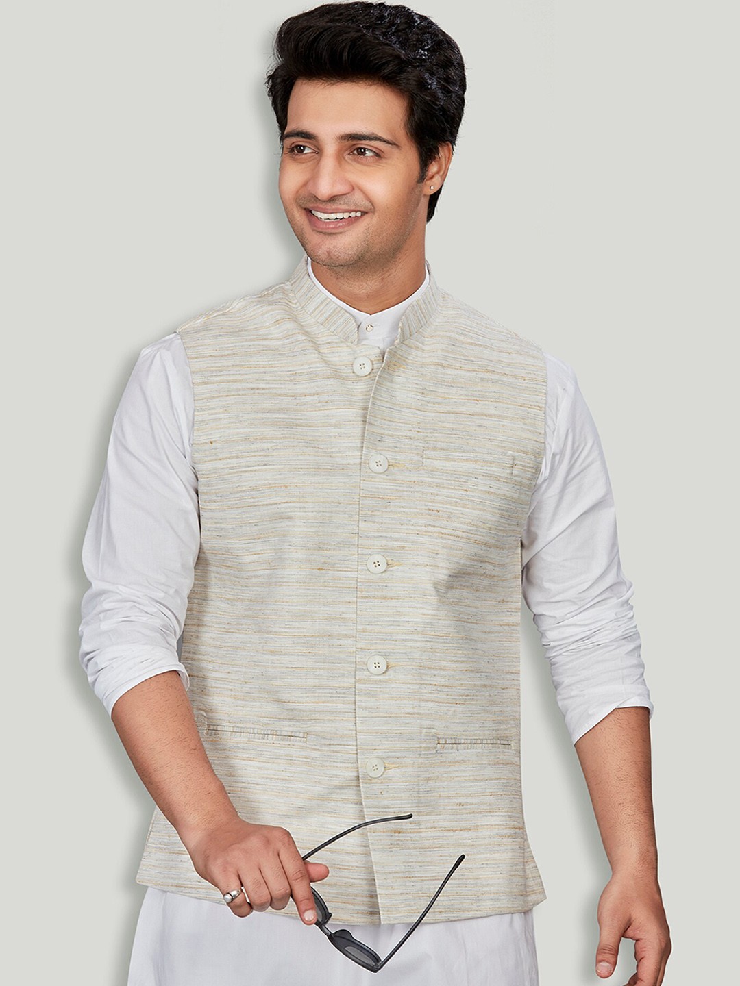 

Authentics Textured Nehru Jackets, Cream
