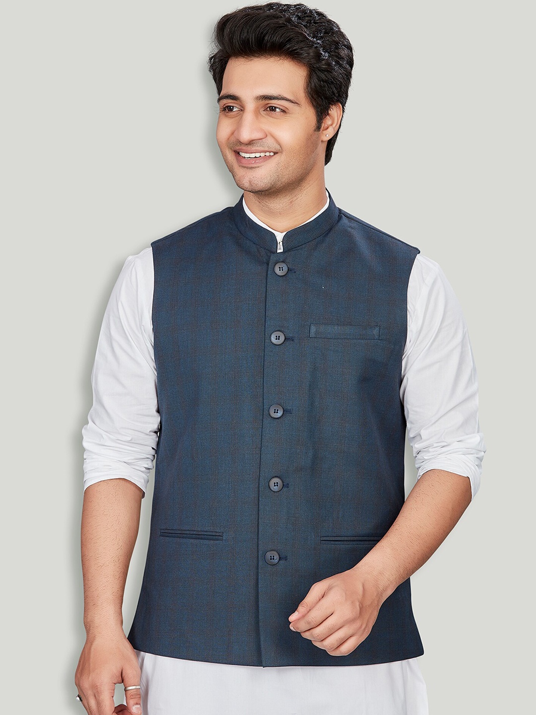 

Authentics Checked Nehru Jackets, Navy blue