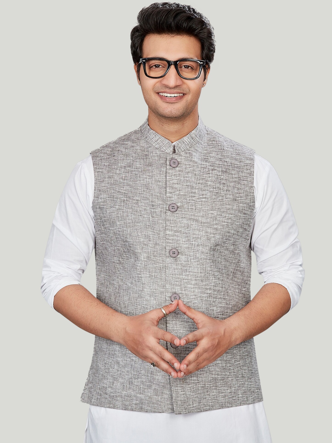 

Authentics Woven Design Mandarin Collar Nehru Jacket, Grey