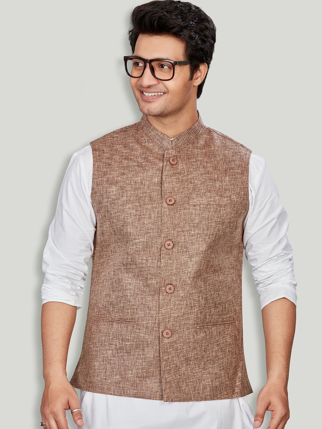 

Authentics Woven Design Mandarin Collar Nehru Jacket, Brown