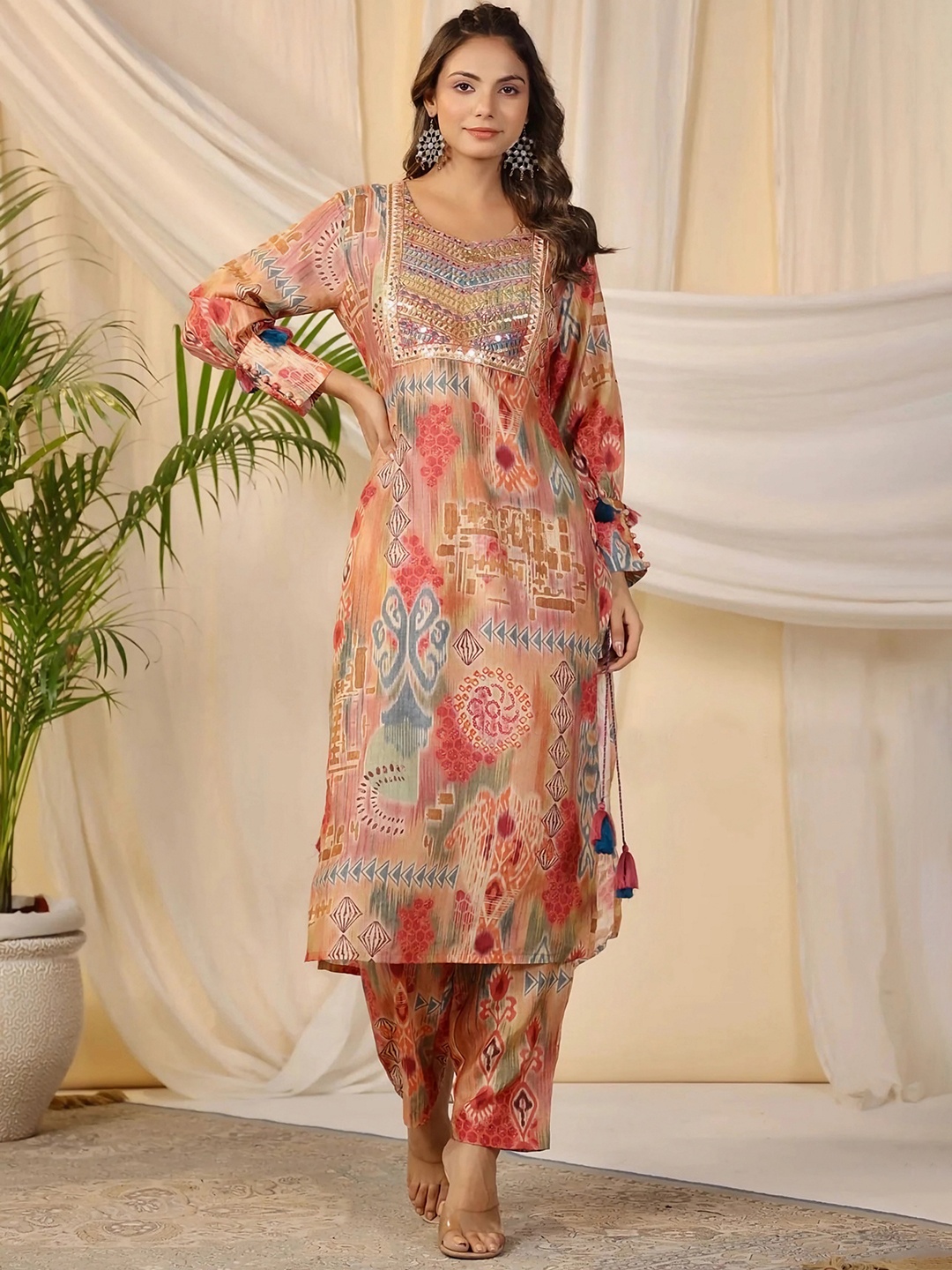 

KALINI Ethnic Motif Printed Straight Mirror Work Kurta with Trousers, Peach