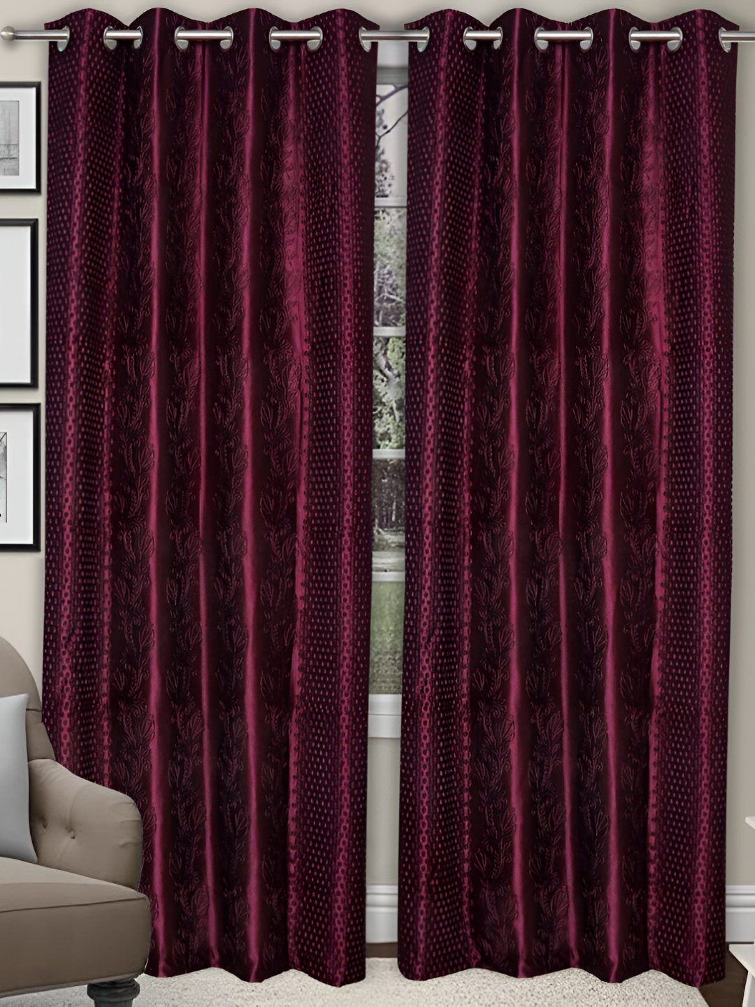 

REYANSH DECOR Magenta 2 Pieces Eyelet Self Design Window Curtains