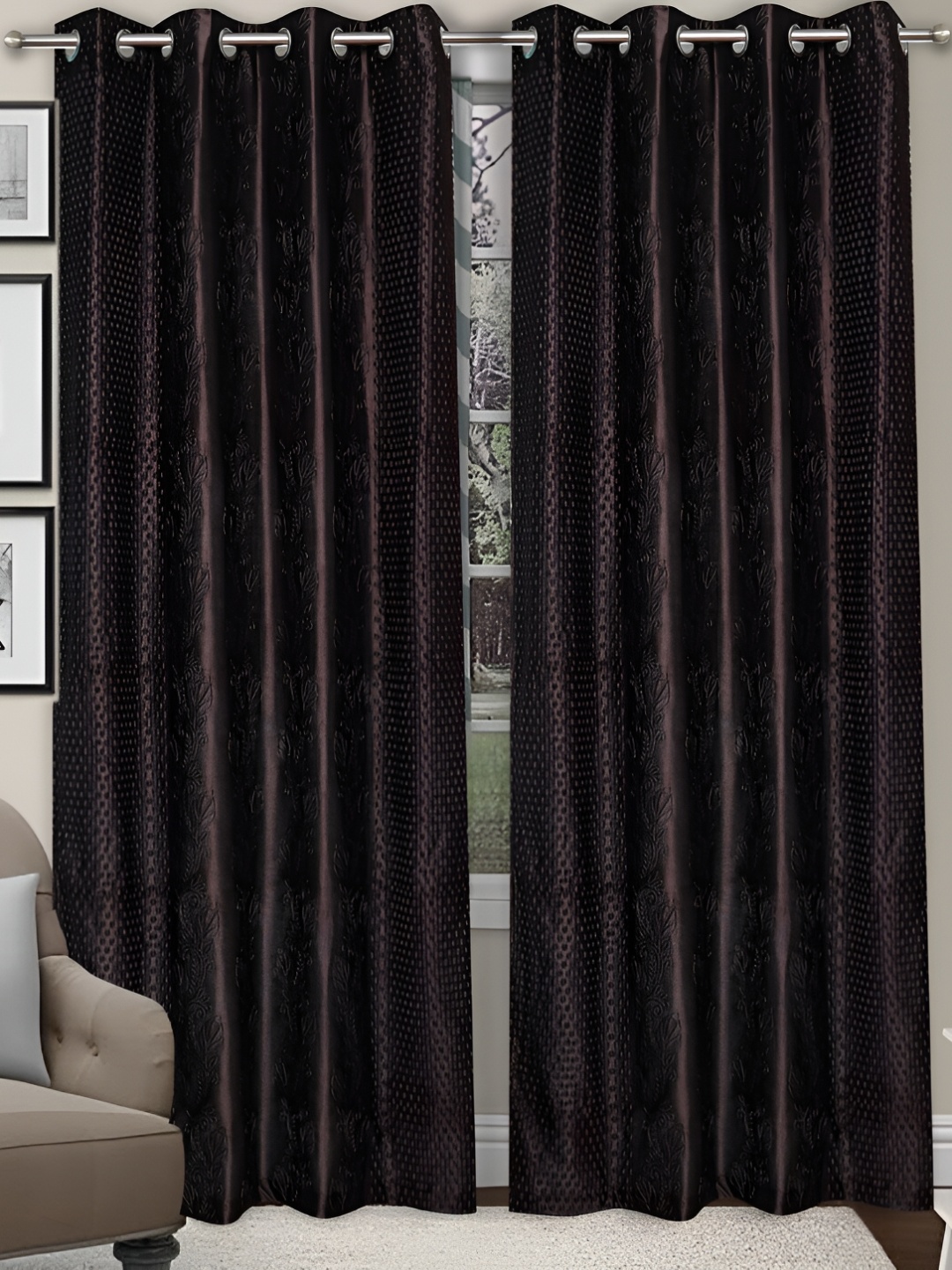 

REYANSH DECOR Brown 2 Pieces Eyelet Self Design Window Curtains