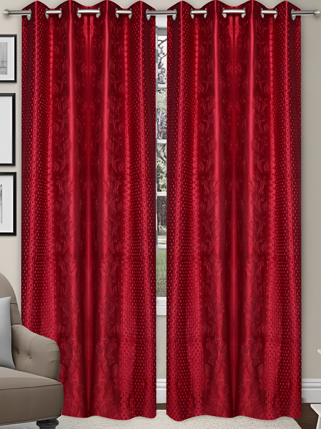 

REYANSH DECOR Red 2 Pieces Eyelet Self Design Door Curtains