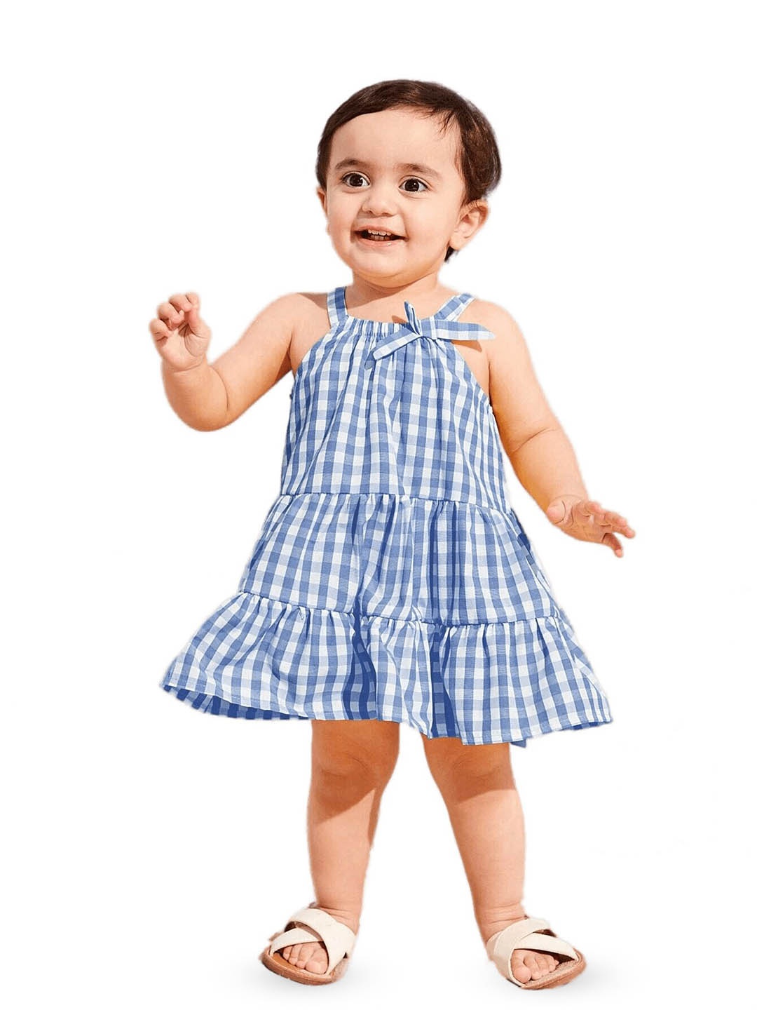 

BAESD Girls Checked Shoulder Straps Sleeveless Cotton Tiered A-Line Dress, Blue