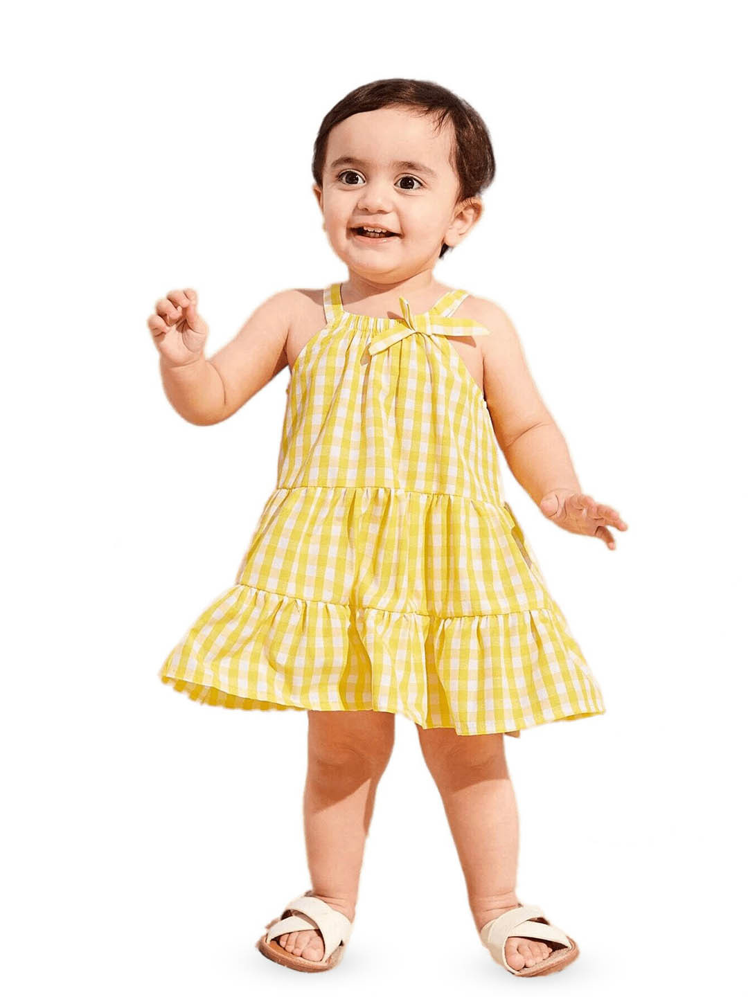 

BAESD Girls Checked Shoulder Straps Sleeveless Cotton Tiered A-Line Dress, Yellow