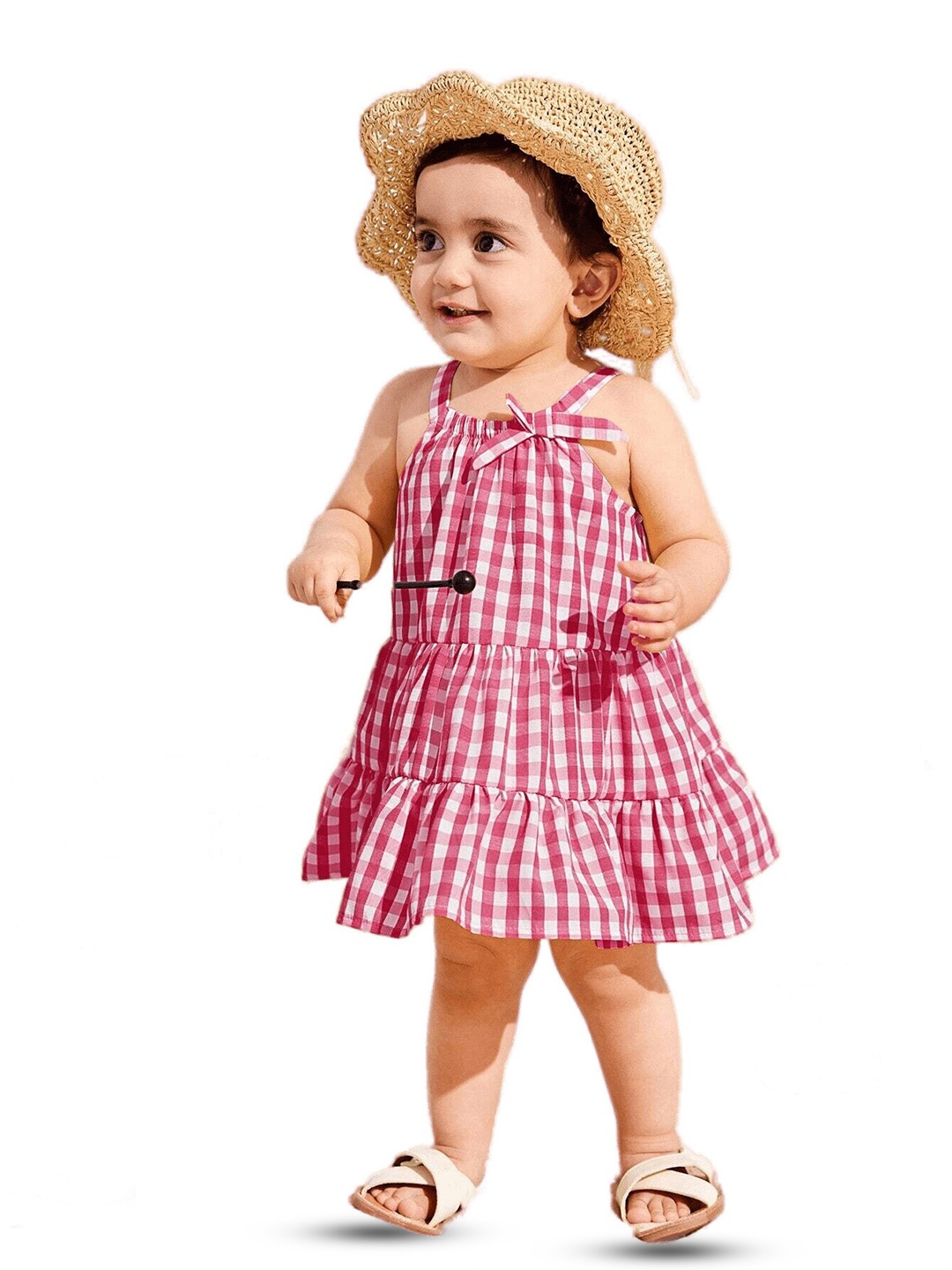 

BAESD Girls Checked Shoulder Straps Sleeveless Cotton Tiered A-Line Dress, Red