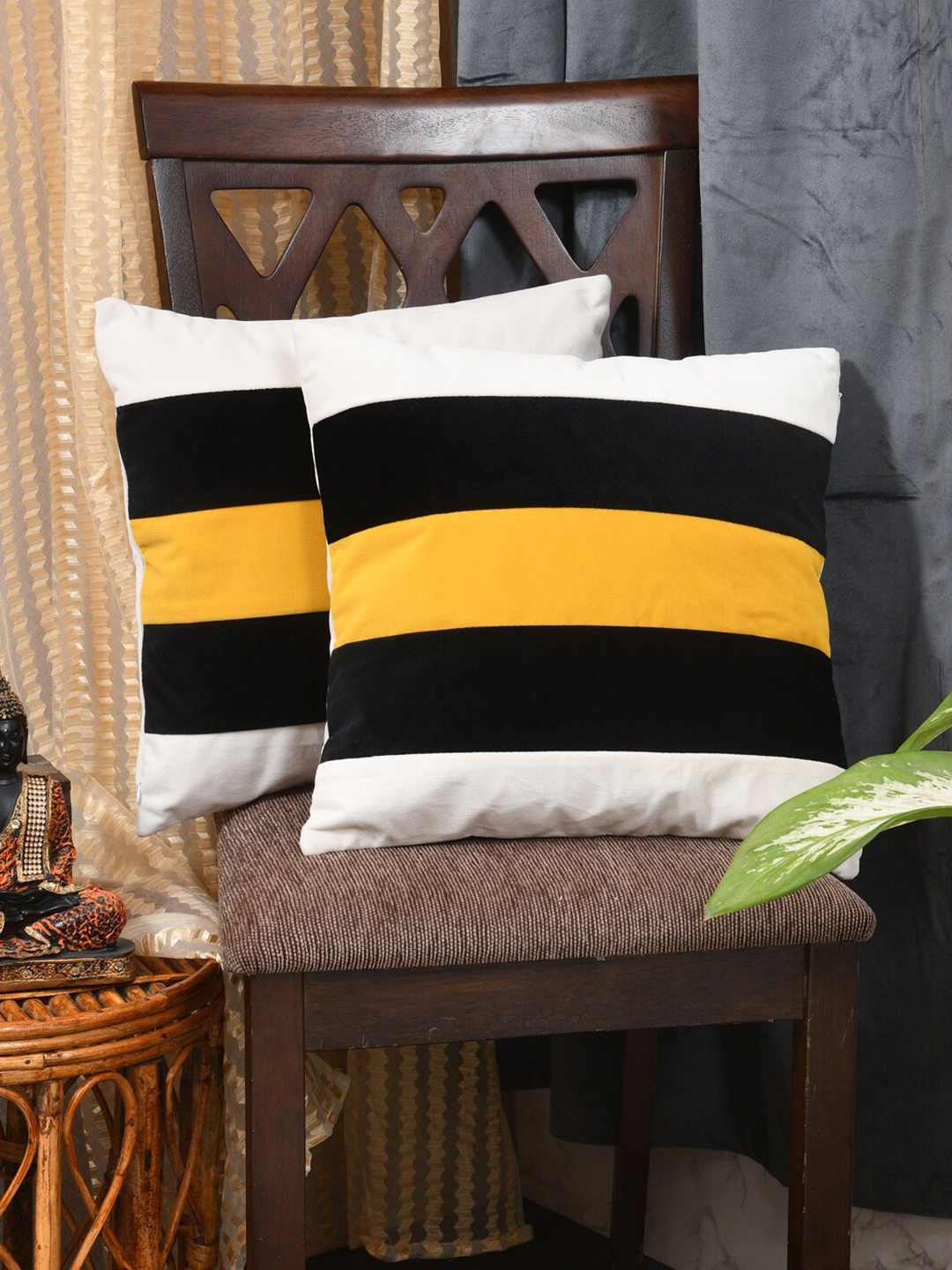 

Clasiko Black & Yellow 2 Pcs Striped Velvet Square Cushion Covers