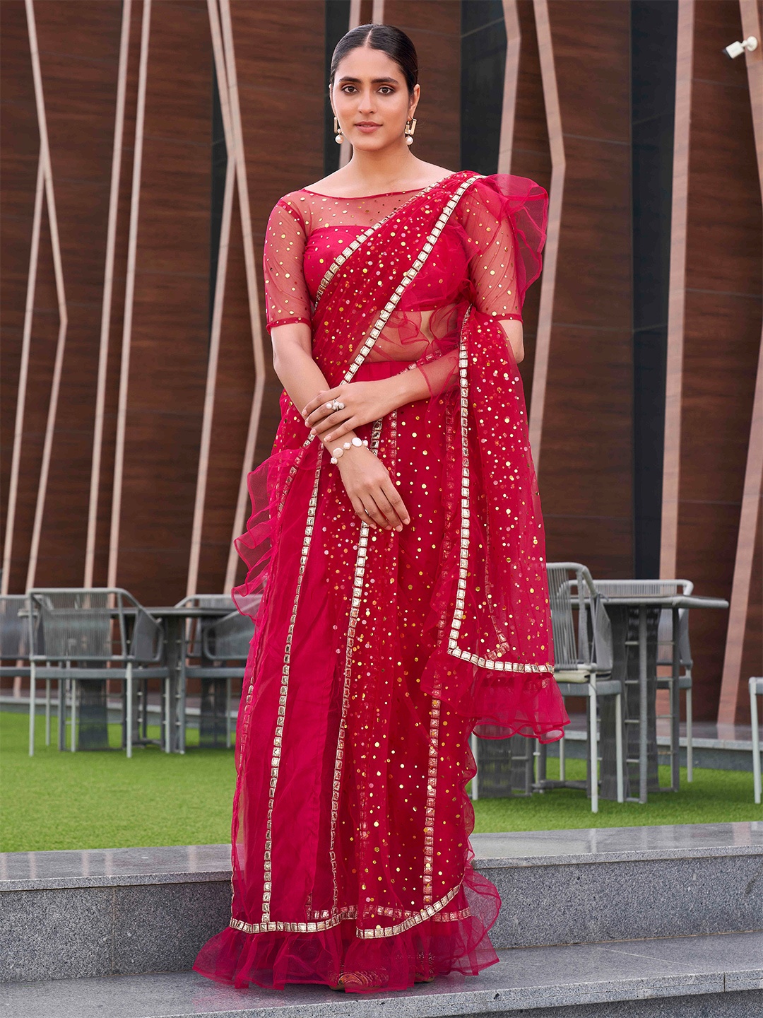 

Tikhi Imli Mirror Work Net Ready to Wear Saree, Pink