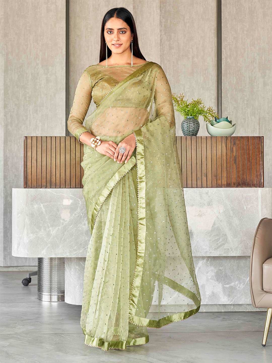 

Tikhi Imli Sequinned Organza Saree, Green