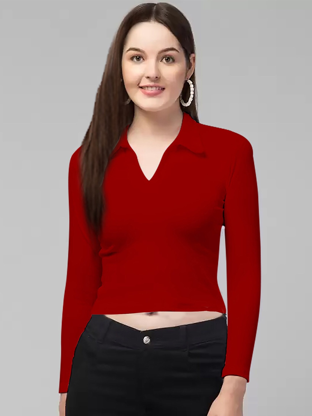 

Dream Beauty Fashion Shirt Collar Fitted Crop Top, Red
