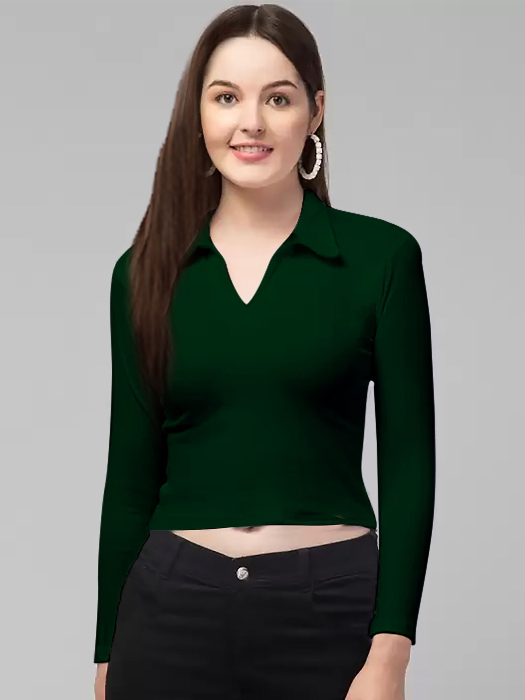 

Dream Beauty Fashion Shirt Collar Fitted Crop Top, Green