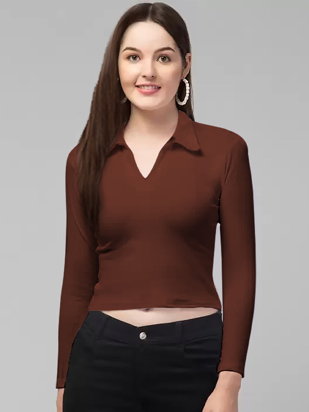 

Dream Beauty Fashion Shirt Collar Fitted Crop Top, Brown