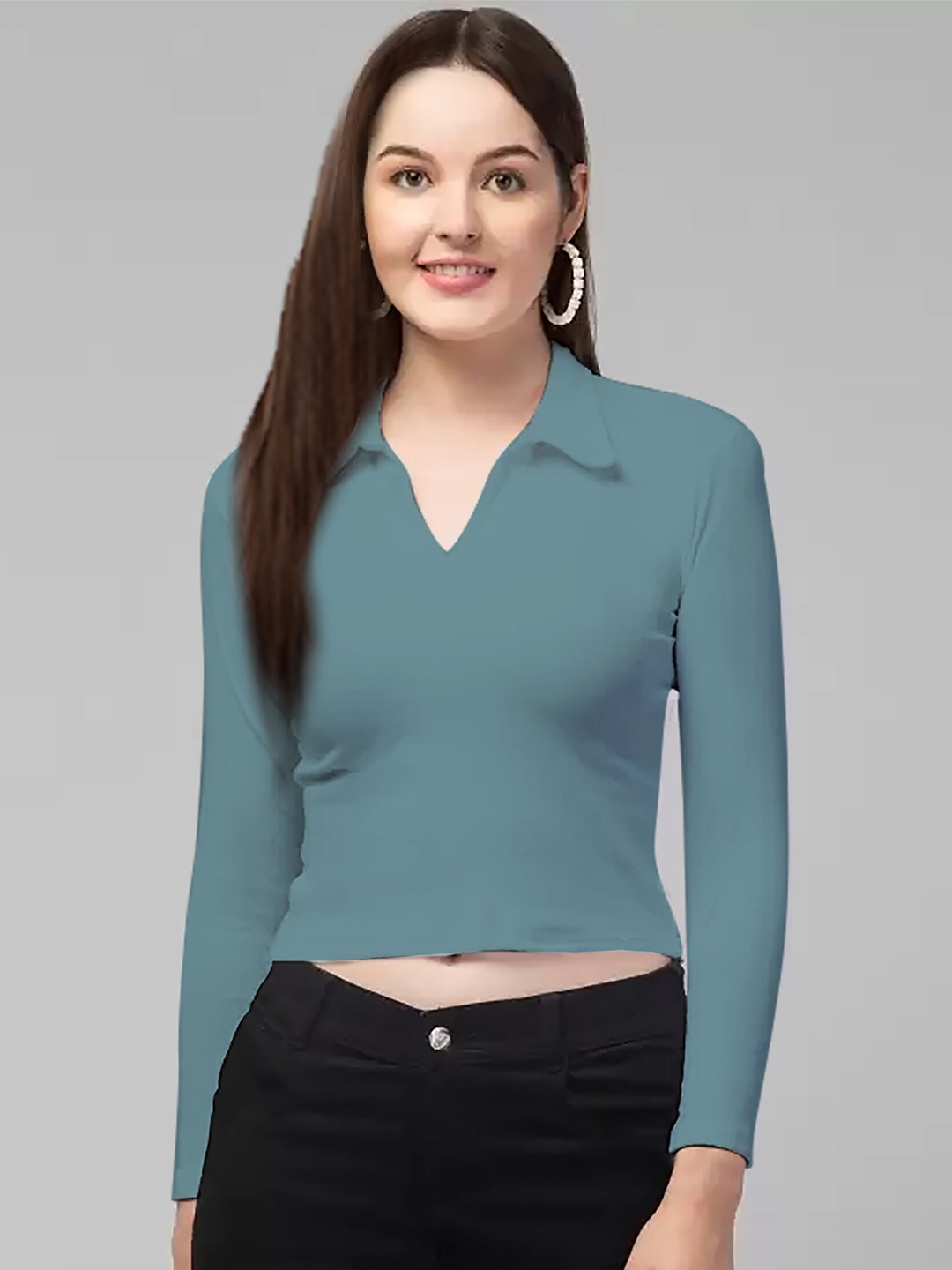 

Dream Beauty Fashion Shirt Collar Fitted Crop Top, Turquoise blue