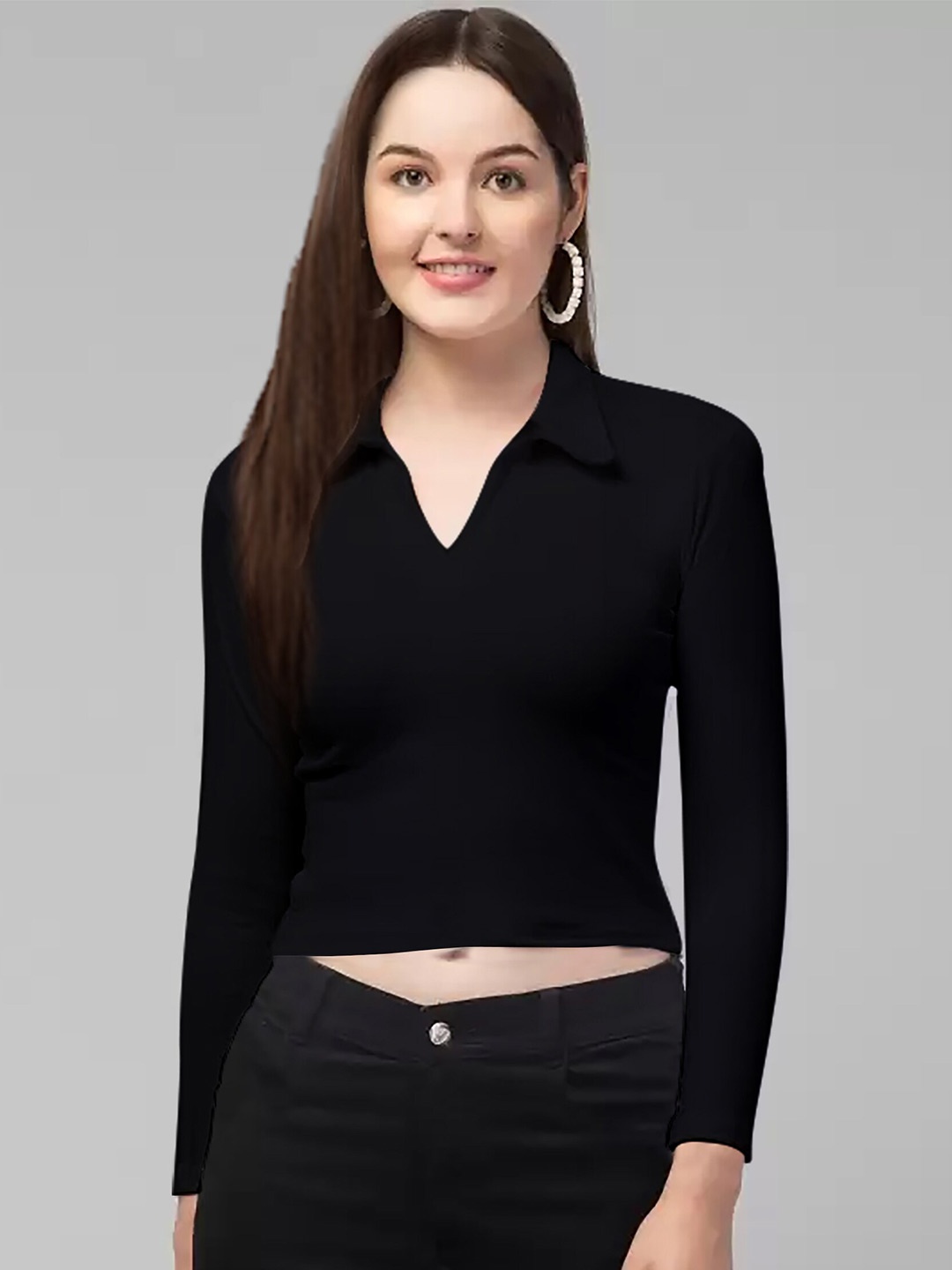 

Dream Beauty Fashion Shirt Collar Fitted Crop Top, Black