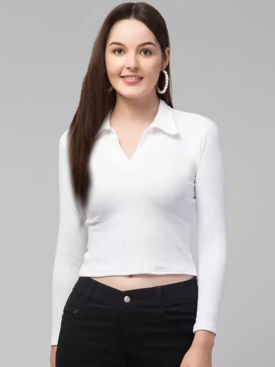 

Dream Beauty Fashion Shirt Collar Fitted Crop Top, White