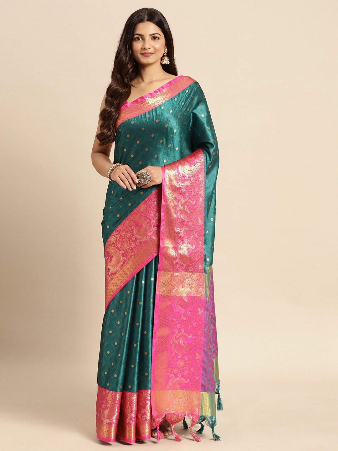 

DWINI Ethnic Motifs Woven Design Zari Silk Cotton Mysore Silk Saree, Blue