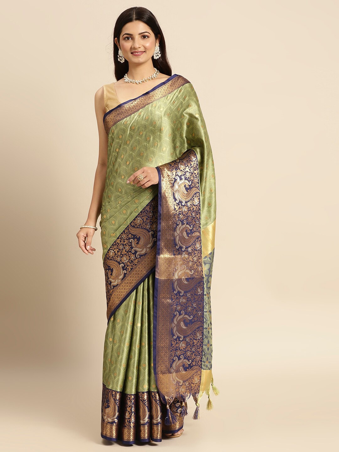 

DWINI Ethnic Motifs Woven Design Zari Silk Cotton Mysore Silk Saree, Sea green