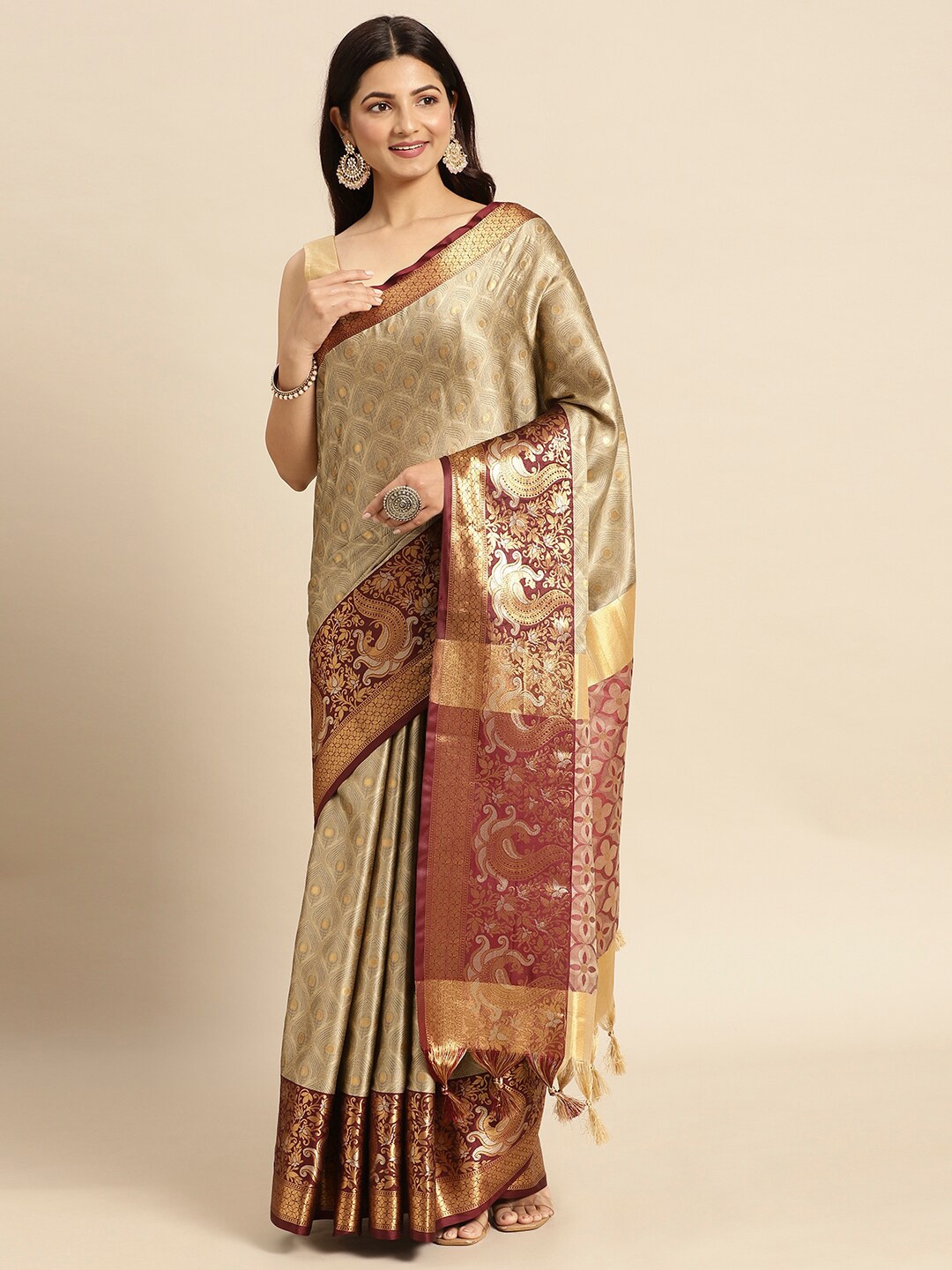 

DWINI Ethnic Motifs Woven Design Zari Silk Cotton Mysore Silk Saree, Beige