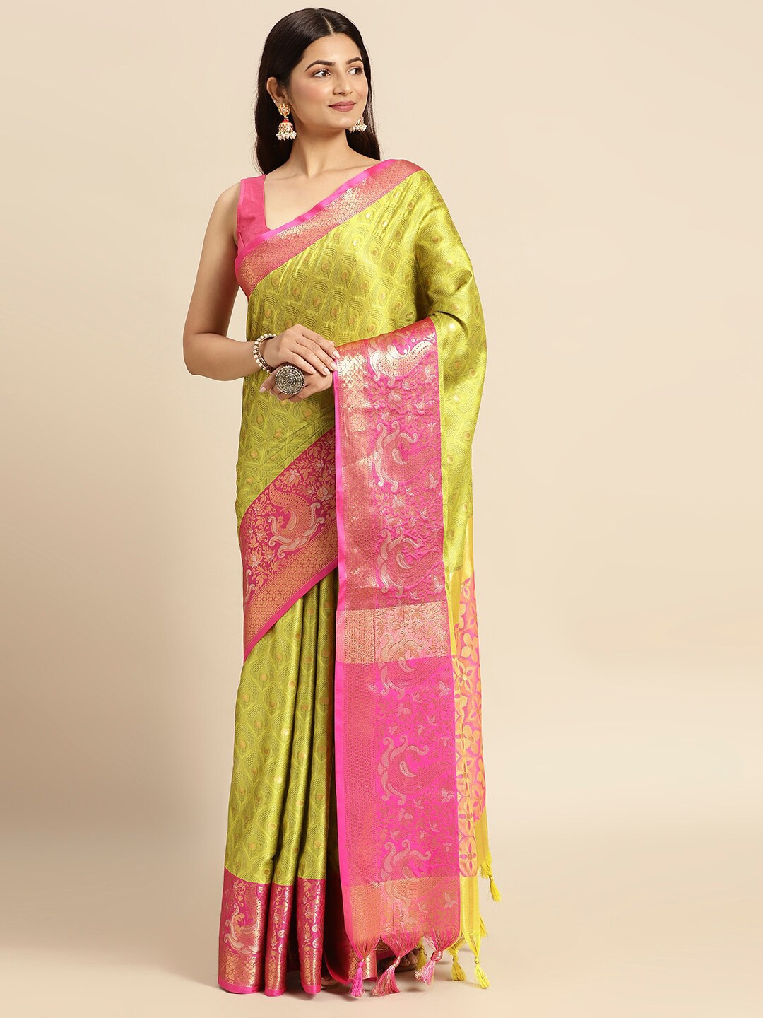 

DWINI Ethnic Motifs Woven Design Zari Silk Cotton Mysore Silk Saree, Green
