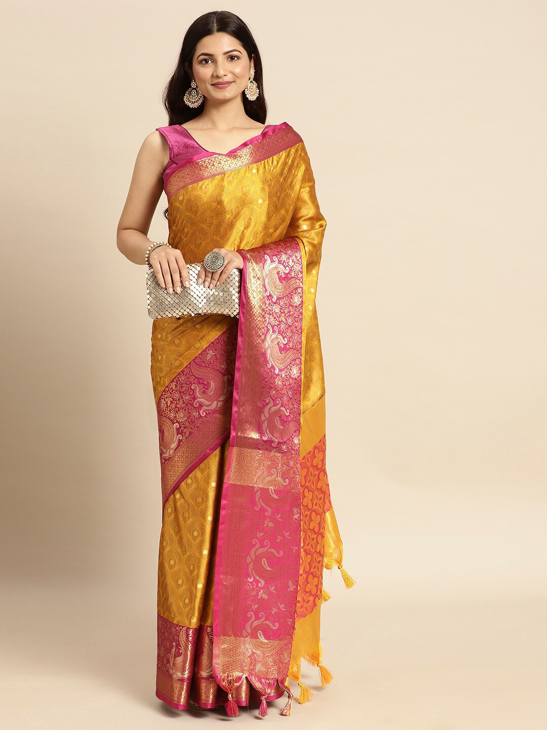 

DWINI Ethnic Motifs Woven Design Zari Silk Cotton Mysore Silk Saree, Mustard