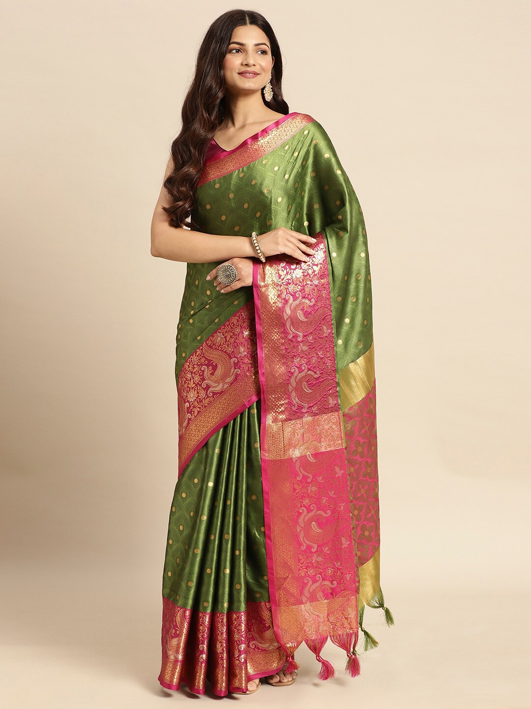 

DWINI Ethnic Motifs Woven Design Zari Silk Cotton Mysore Silk Saree, Green