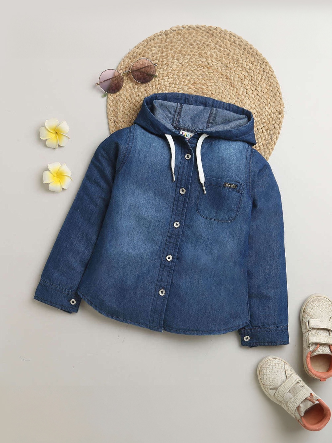 

Tiny Girl Hooded Faded Cotton Shirt Style Top, Blue