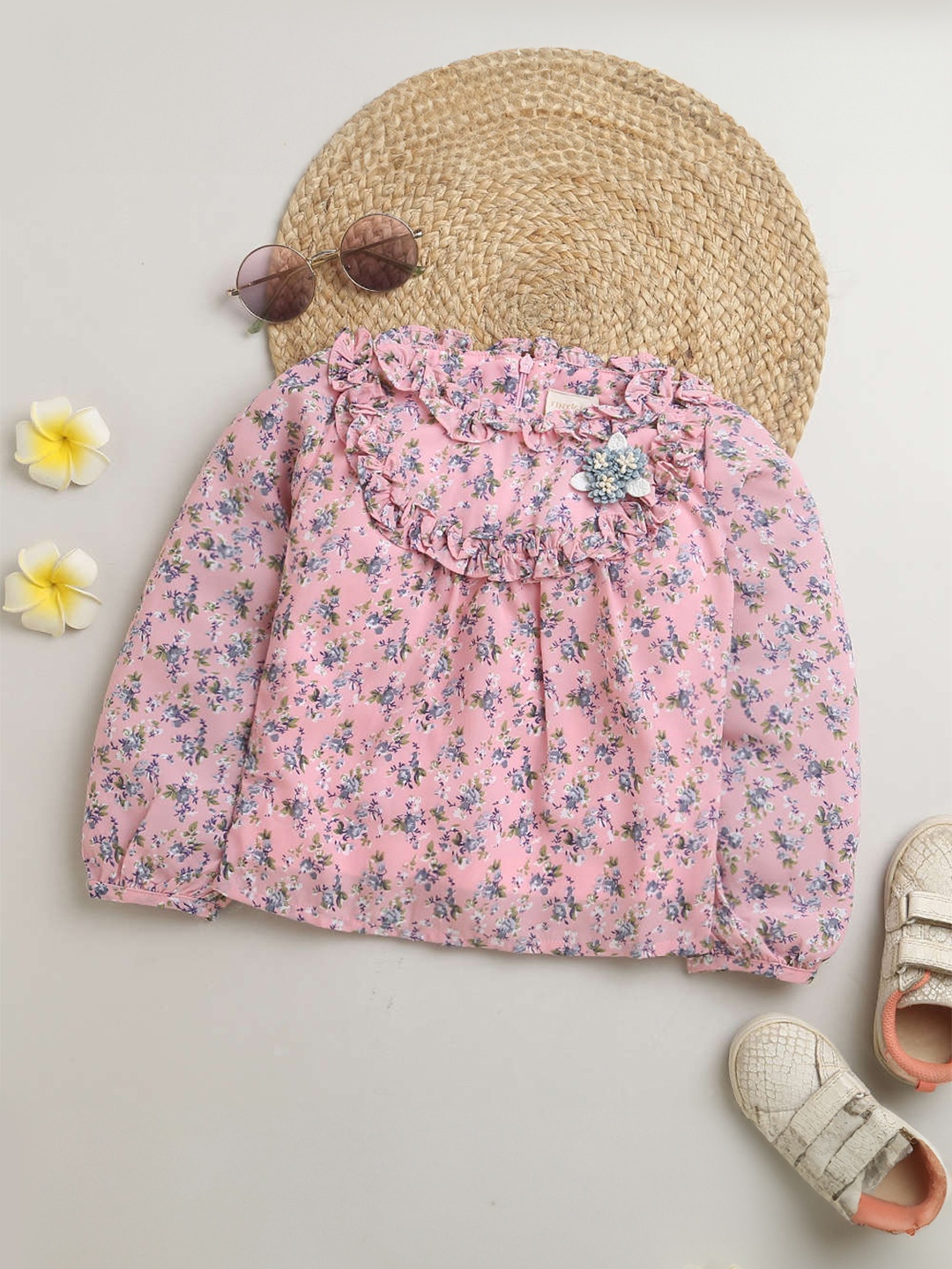 

Tiny Girl Floral Print Round Neck Puff Sleeve Top, Pink