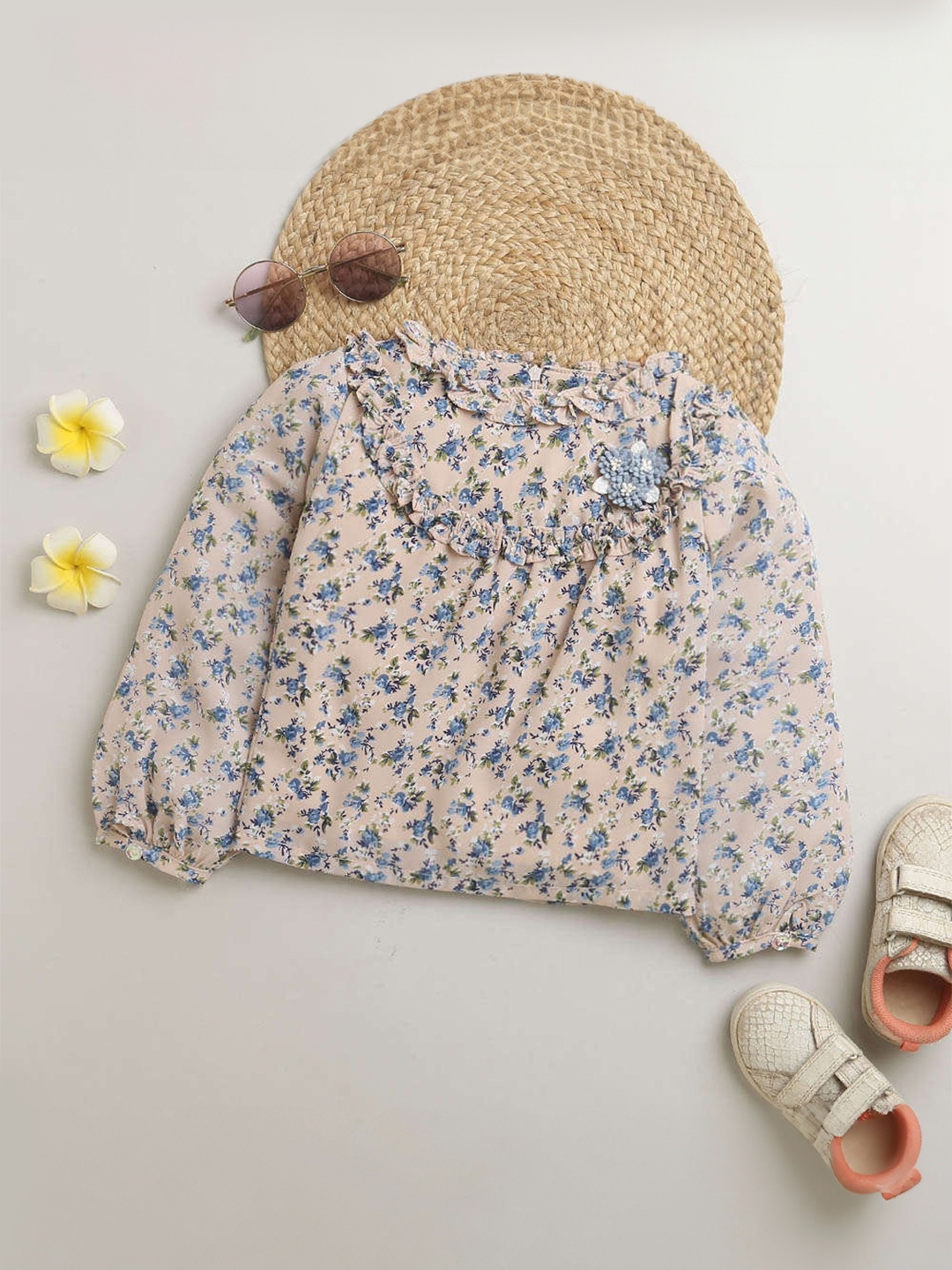 

Tiny Girl Floral Print Puff Sleeve Top, Beige